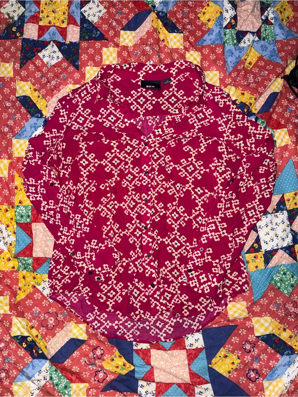 Maeve Fuchsia Button-Down Shirt with Cream Geometric Print